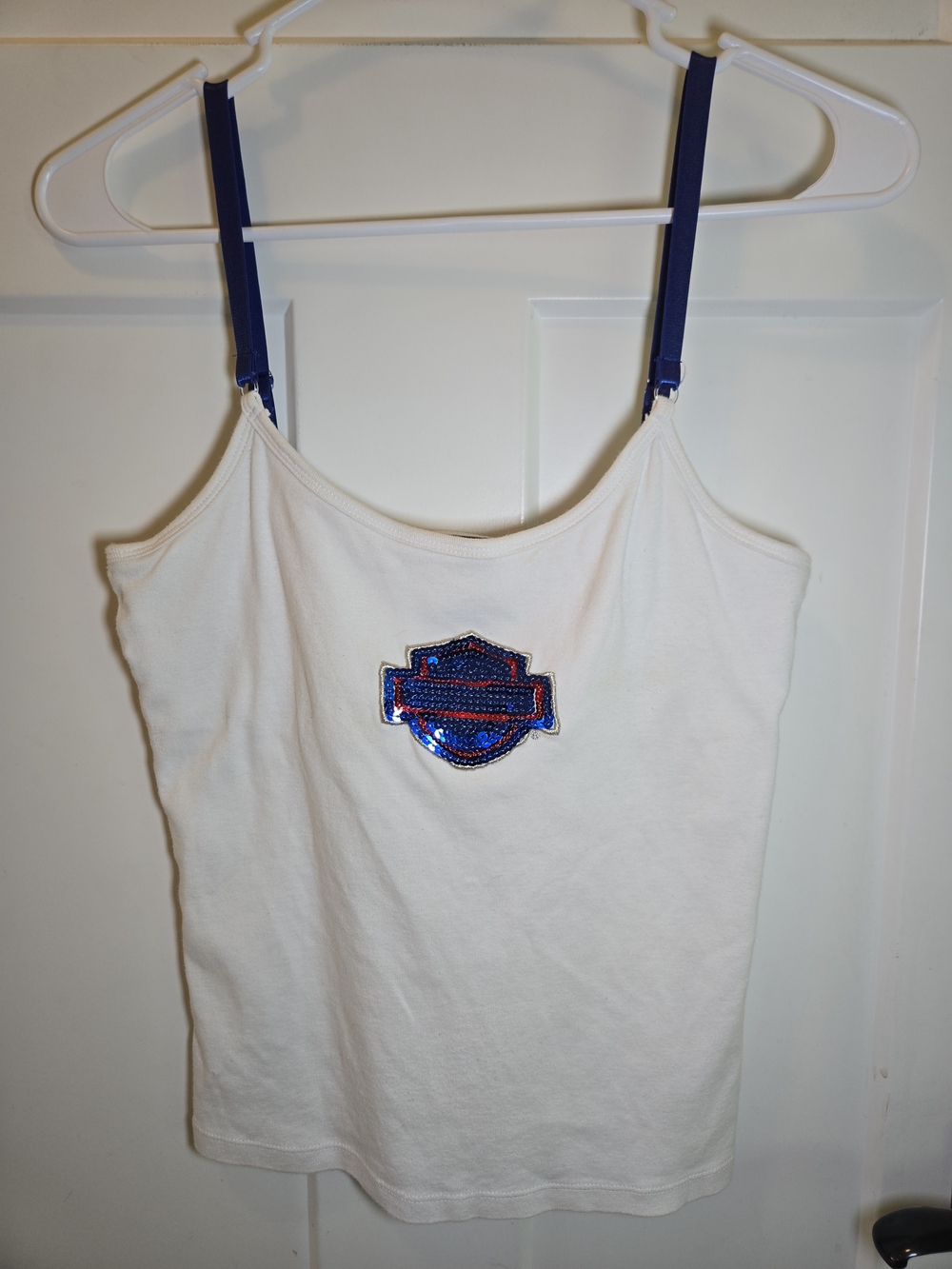 Harley-Davidson White Cami with Blue Sequin Emblem and Navy Straps